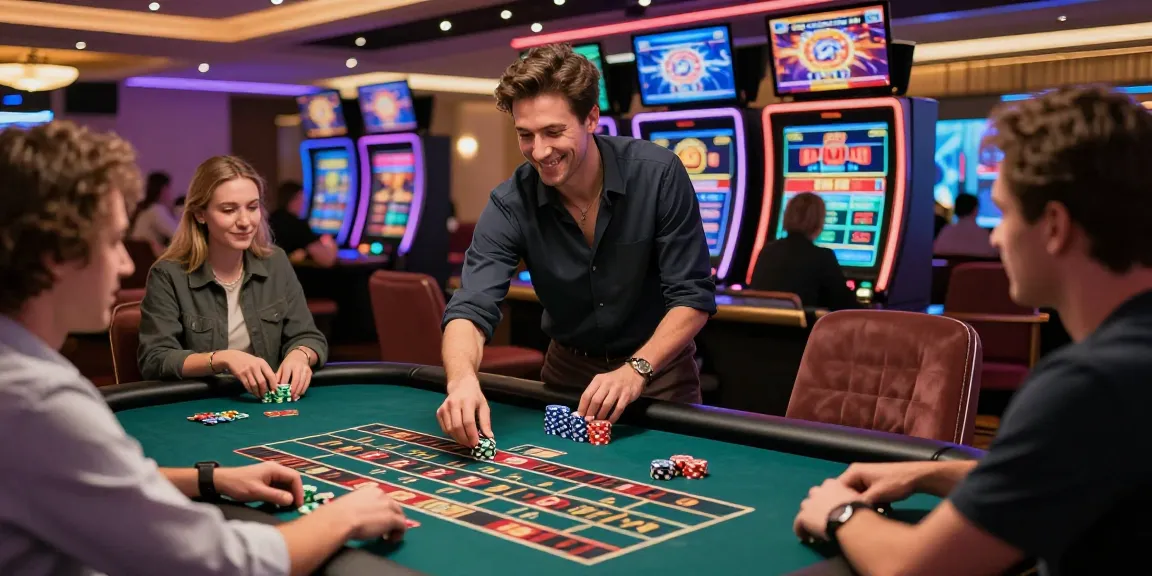 Exciting non Gamstop casino UK scene with players at a roulette table in a vibrant casino.
