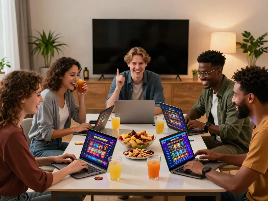 Friends enjoying a game night with non GamStop casino UK games on laptops.