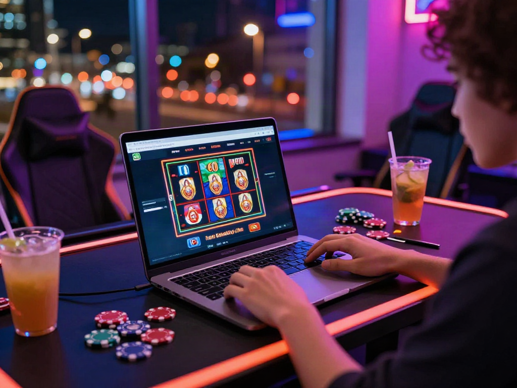 Exciting scene of a player enjoying a non Gamstop casino UK on a laptop with vibrant graphics and a stylish setup.