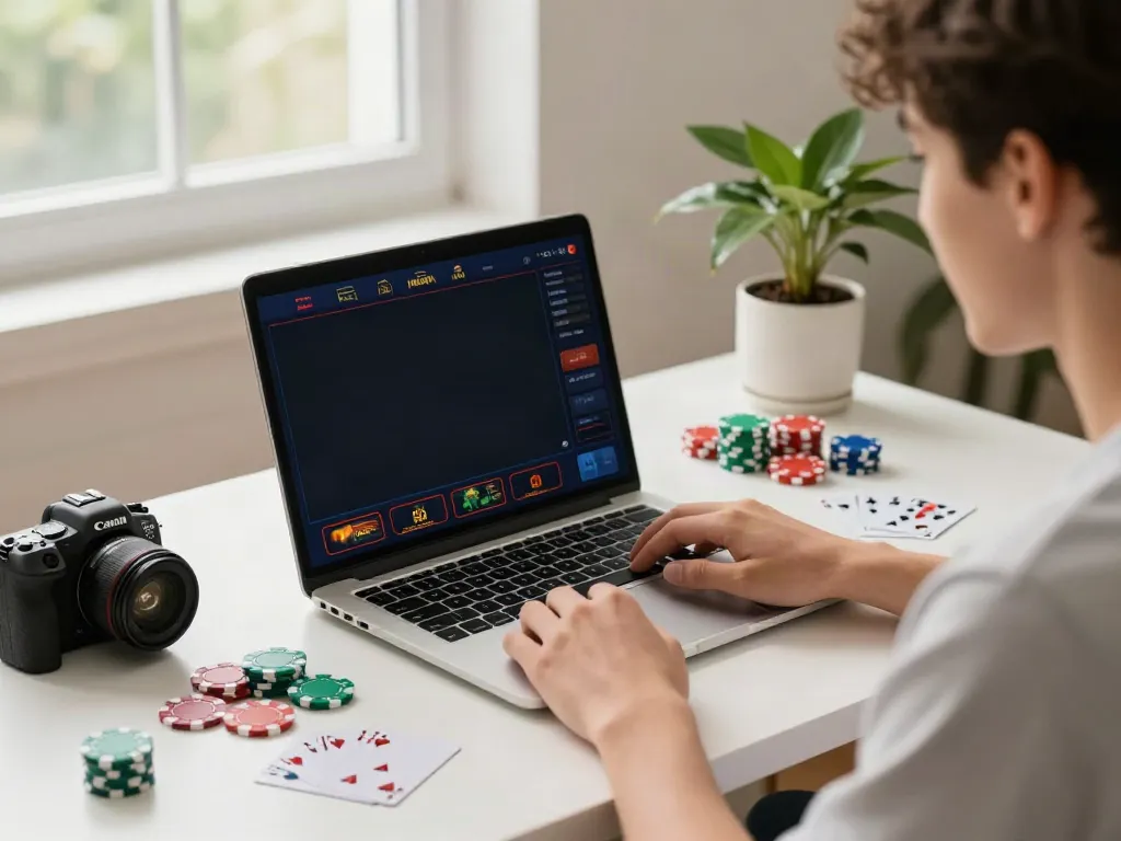 Engaged player at a non gamstop casino uk, showcasing vibrant casino games on a laptop with chips and cards.