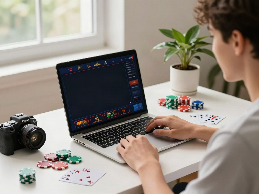 Engaged player at a non gamstop casino uk, showcasing vibrant casino games on a laptop with chips and cards.