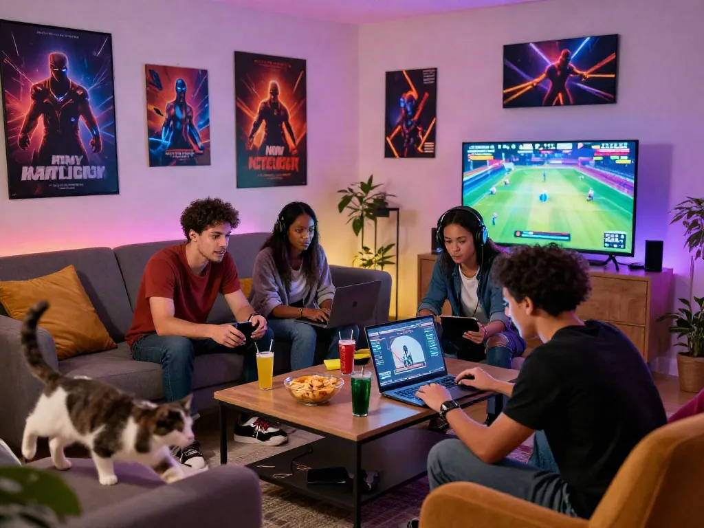 Diverse friends enjoying online gaming at a non gamstop casino UK site in a cozy living room setting.