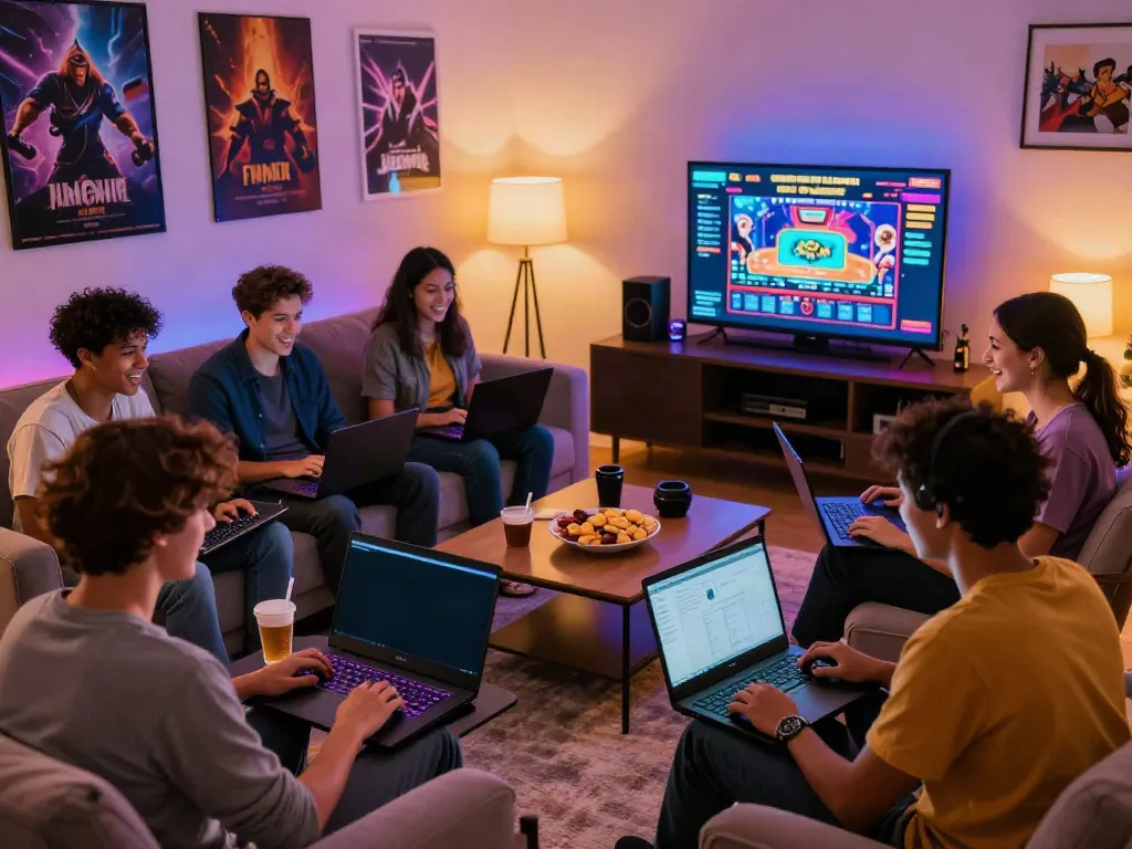 Friends enjoying online gaming at a non gamstop casino uk in a cozy living room.