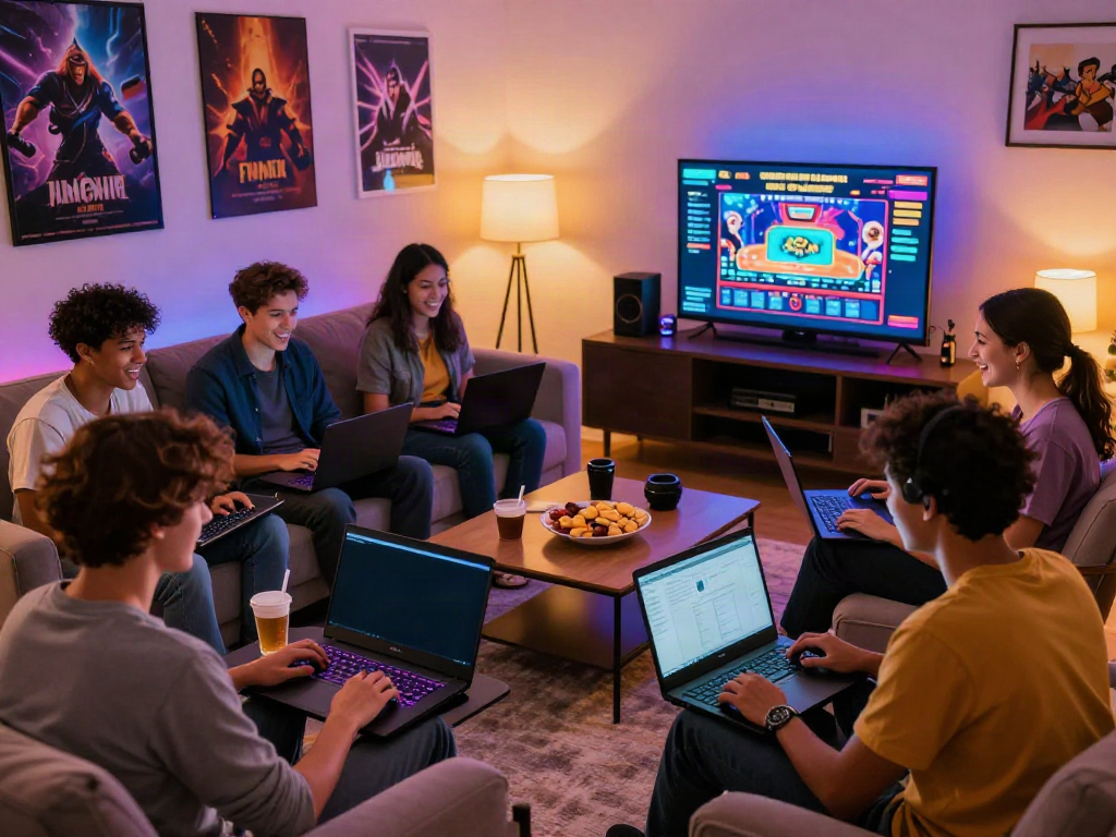 Friends enjoying online gaming at a non gamstop casino uk in a cozy living room.