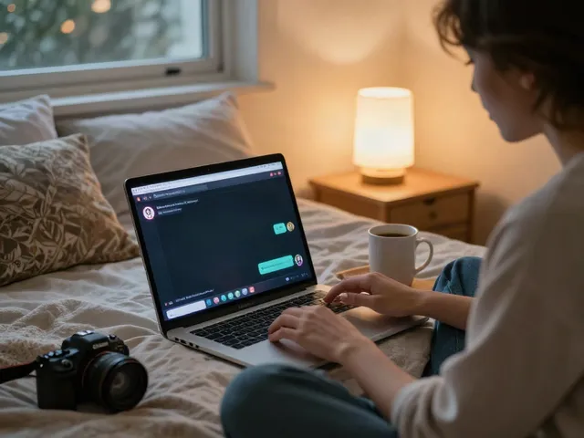 Engaging AI chat porn scene with person interacting with an AI character on a laptop in a cozy bedroom setting.
