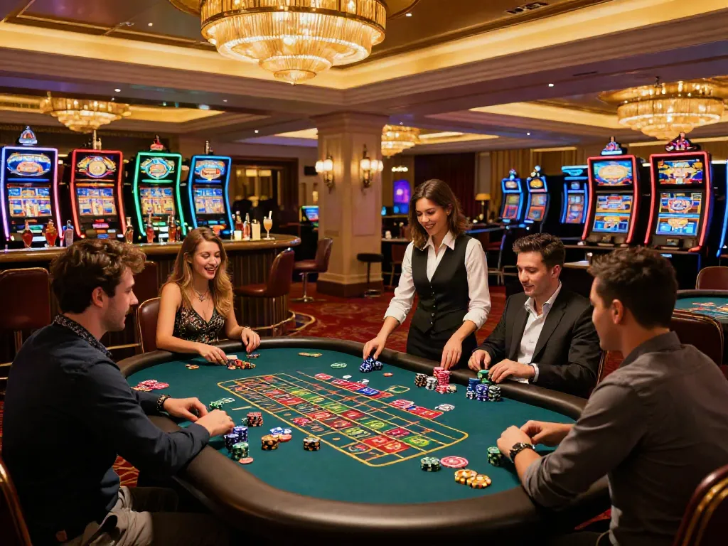 Exciting non Gamstop casino UK scene with players at a roulette table, showcasing vibrant atmosphere and luxury.
