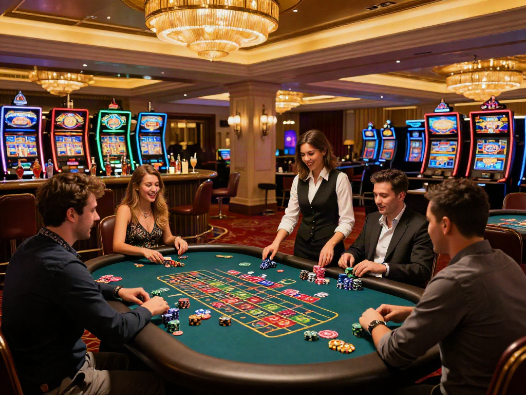 Exciting non Gamstop casino UK scene with players at a roulette table, showcasing vibrant atmosphere and luxury.