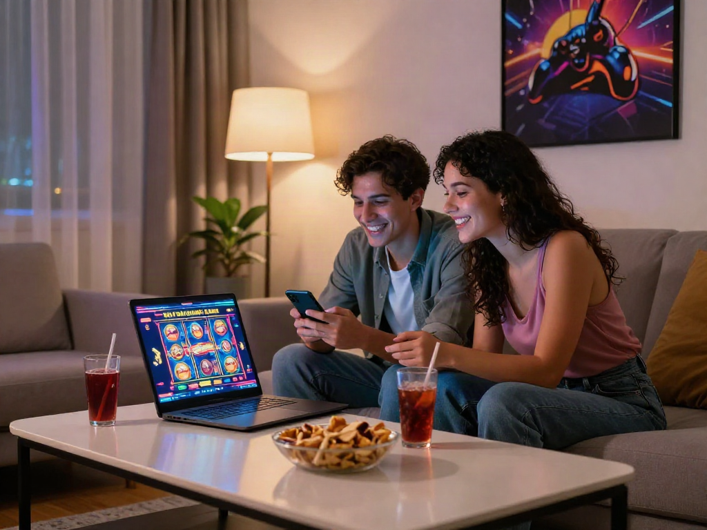 Youthful couple enjoying non GamStop casino gaming experience in a stylish living room.