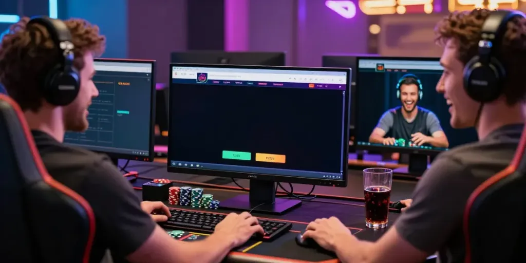 Exciting gaming scene featuring non Gamstop casino UK website on a desktop, vibrant atmosphere with casino elements.