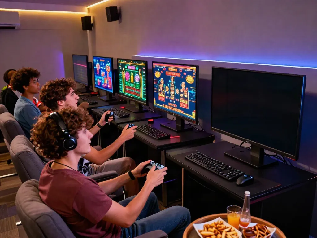 Friends enjoying gaming at a non Gamstop casino UK, vibrant atmosphere and contemporary setup.