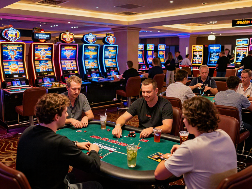 Players enjoying various games at a non GamStop casino UK, surrounded by neon lights and a lively atmosphere.