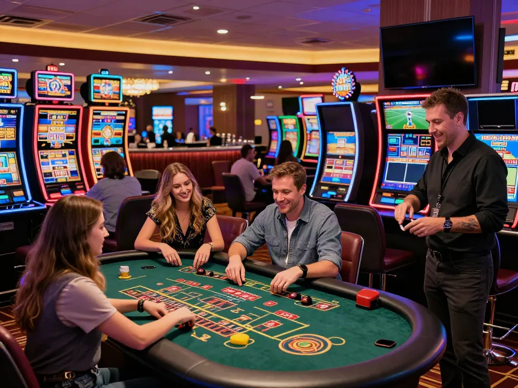 A lively non GamStop casino UK scene with diverse players enjoying games and vibrant lights.