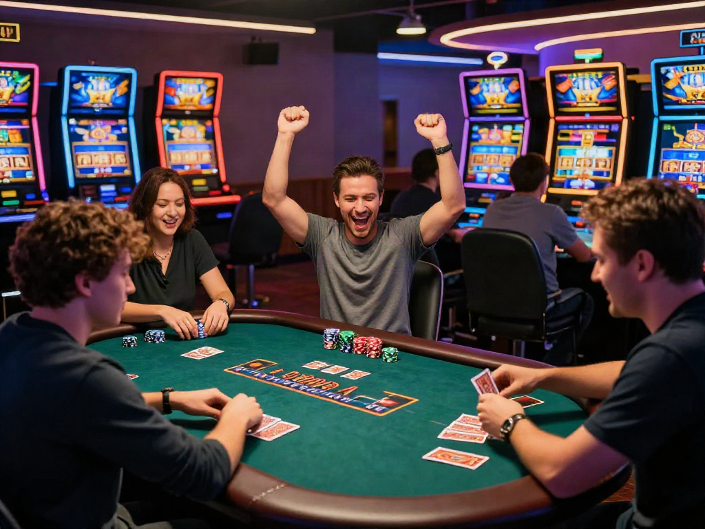 Exciting non GamStop casino UK scene with players at a vibrant gaming table, celebrating wins and enjoying the atmosphere.