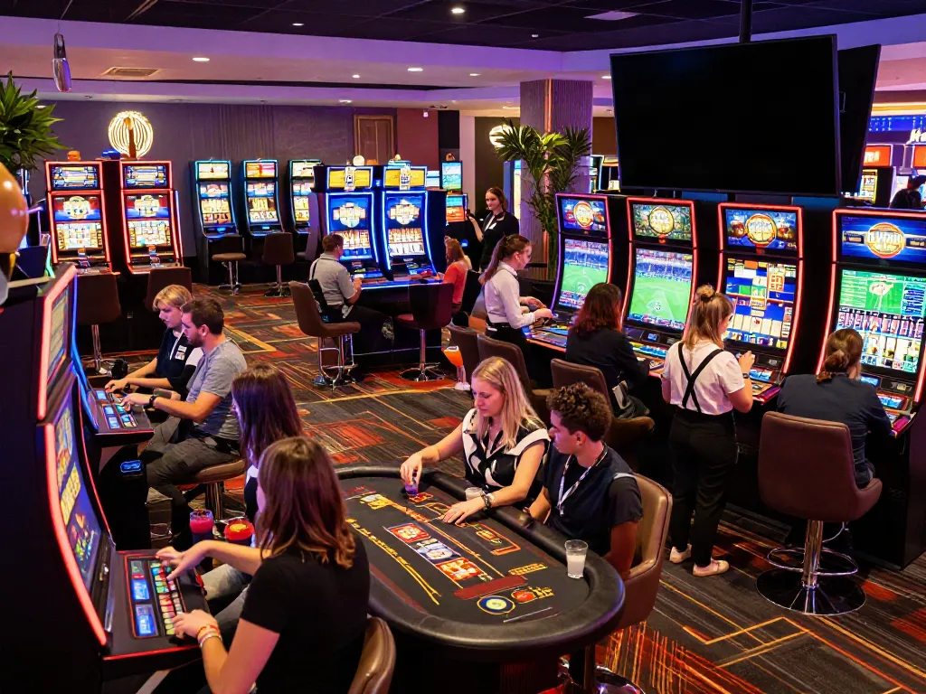 Exciting non Gamstop casino UK scene with friends playing slot machines and tables.
