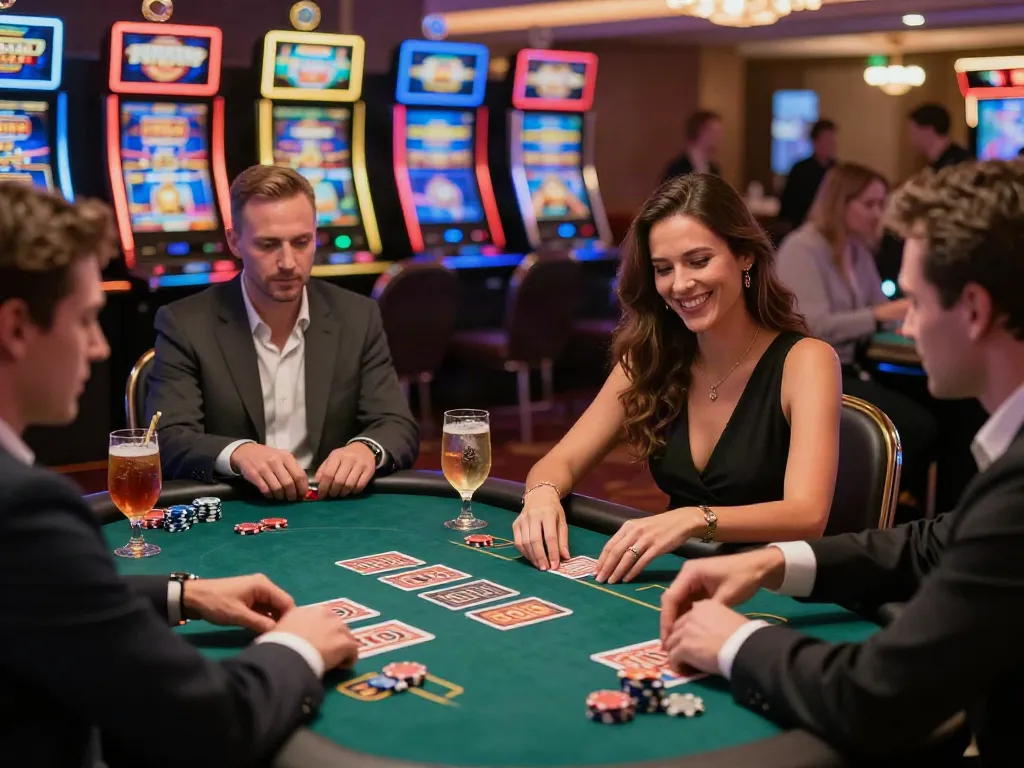 Exciting gaming experience at a non Gamstop casino UK, with players engaged in card games and lively ambience.