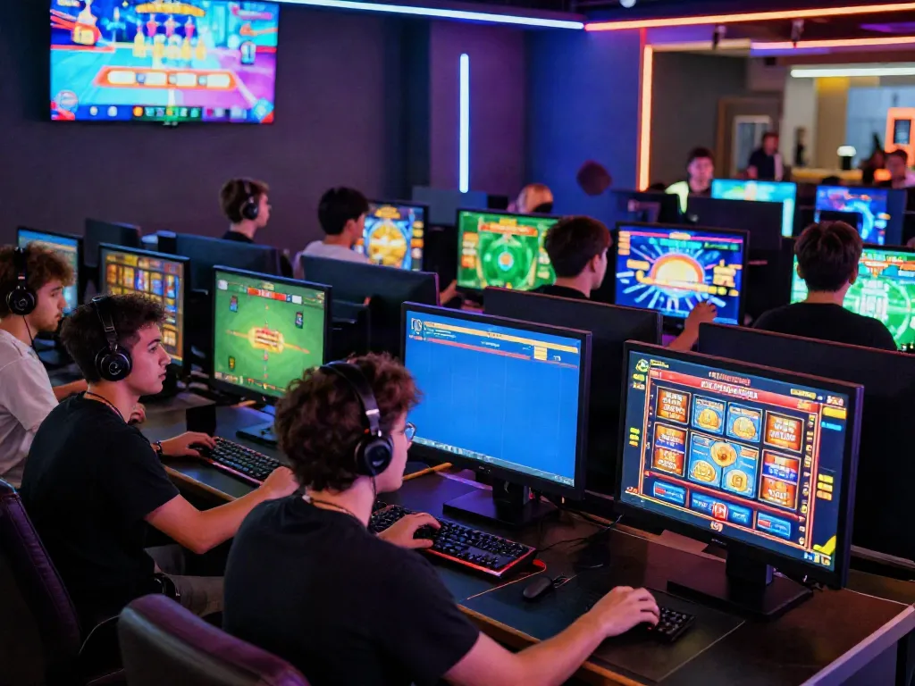 Vibrant gaming hub showcasing diverse players engaged in different online games at nhà cái gem88.