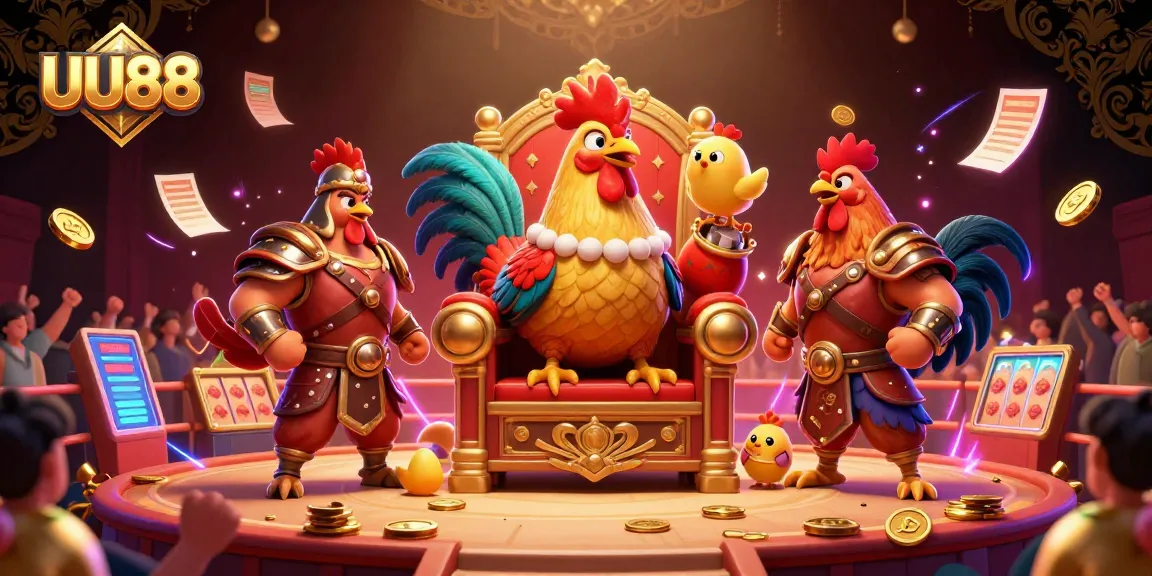 Engage with UU88's thrilling cockfighting arena, featuring a vibrant scene with colorful chickens and dynamic betting elements.