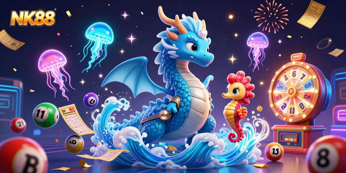 Engage with jackpot excitement at NK88 featuring a detailed illustration of ocean-themed characters, lottery elements, and vibrant magic.