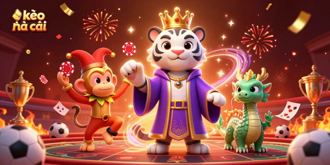 Explore kèo nhà cái with a vibrant 3D illustration of a tiger and monkey amidst sports betting elements