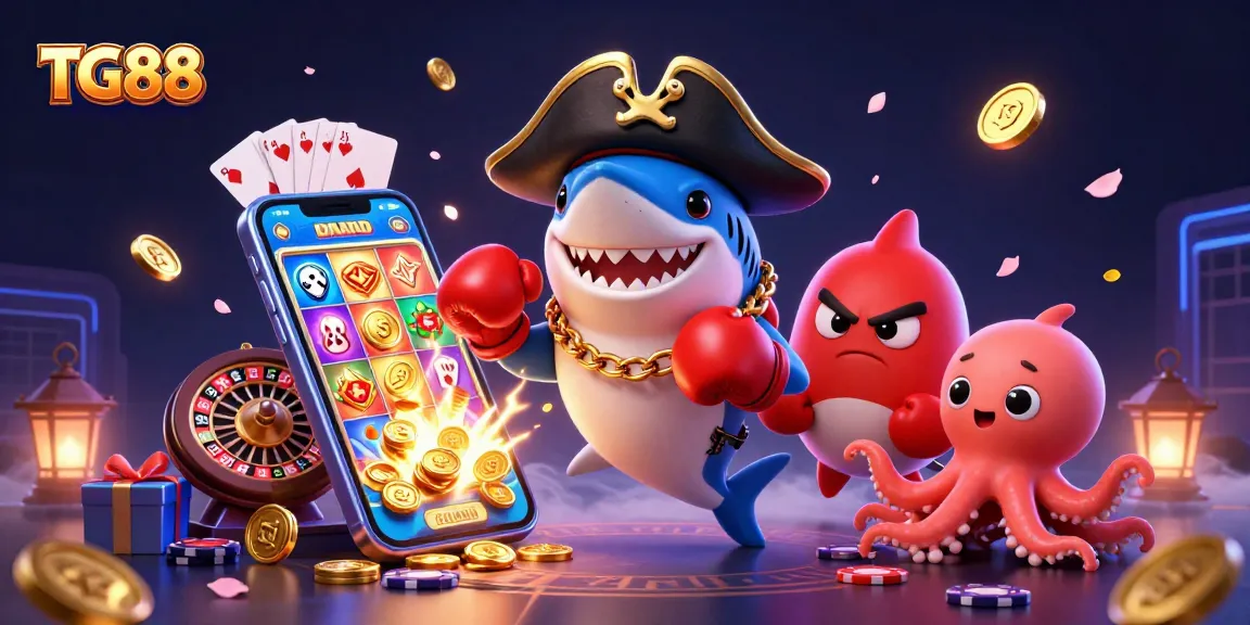 Engage with TG88 as cartoon characters join in a vibrant casino adventure, showcasing exciting games.