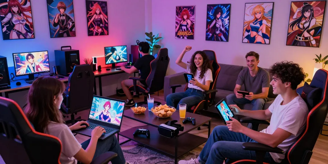 Friends playing a hentai game together in a vibrant gaming lounge.