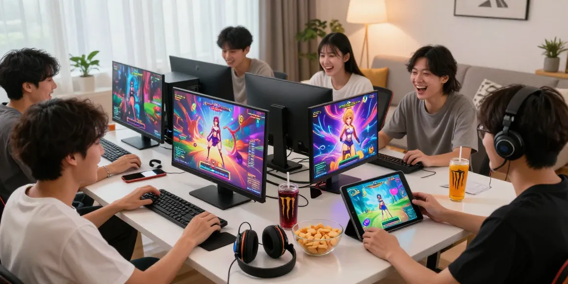 Engaged gamers enjoying ecchi games in a cozy, vibrant living room.