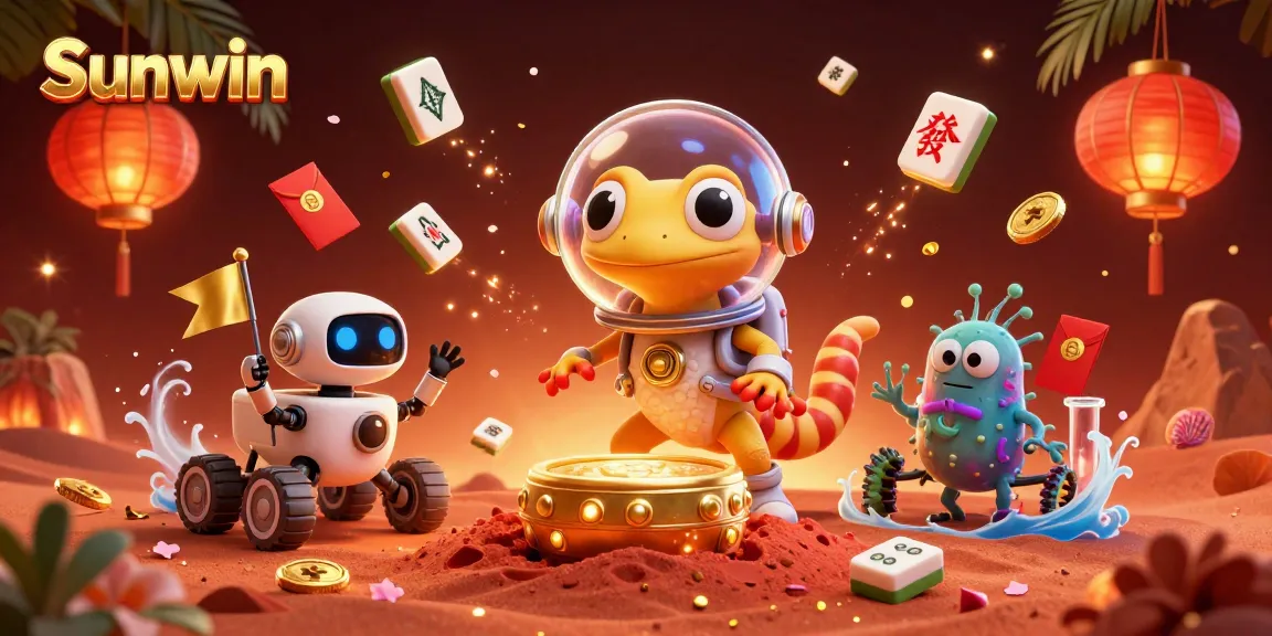 Sunwin presents a 3D cartoon Martian gecko discovering a golden casino, surrounded by vibrant casino elements.