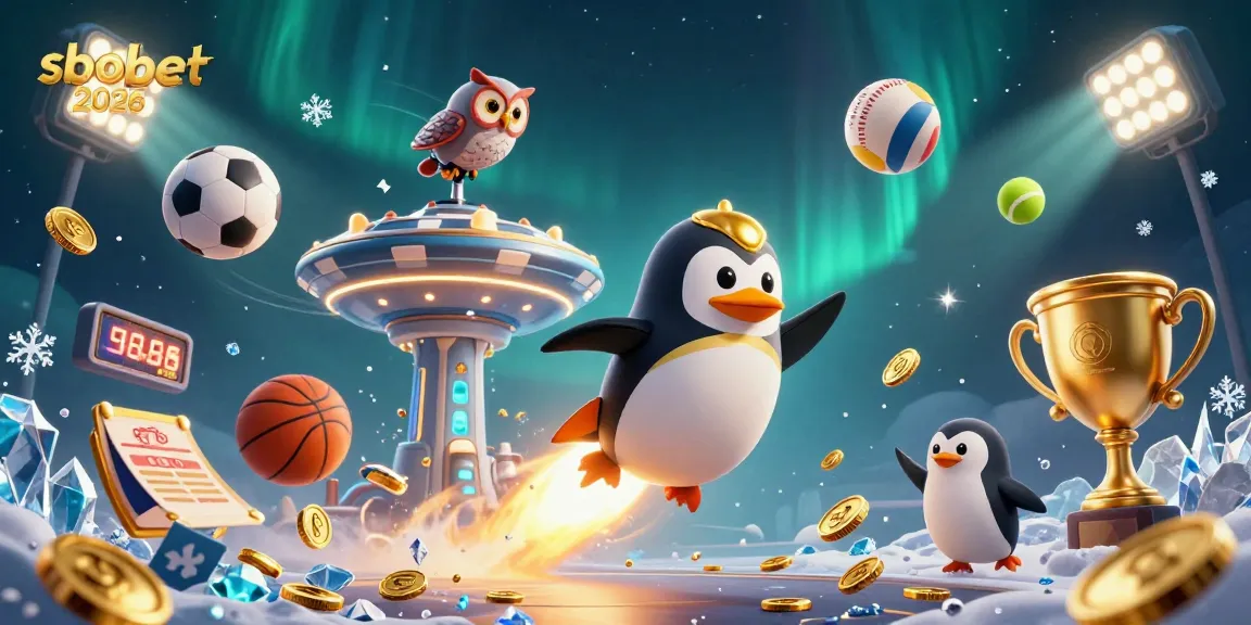 SBOBET 2026 showcases a golden penguin and casino elements in an engaging cosmic scene.