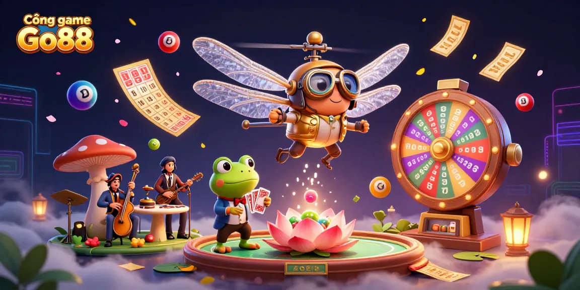 Cổng game Go88 offers an exciting atmosphere with vibrant visuals of a dynamic casino scene featuring games and interactive elements.