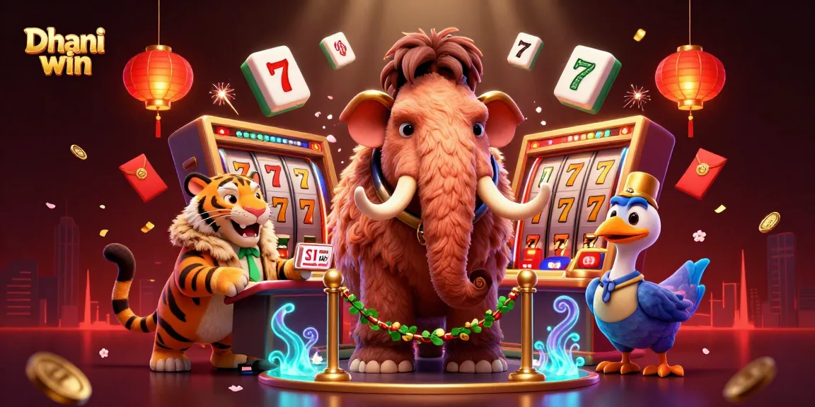 Dhani win showcases a vibrant 3D casino scene with a mammoth bouncer, VIP sabre-tooth and dodo doorman amidst slot reels and festive decorations.