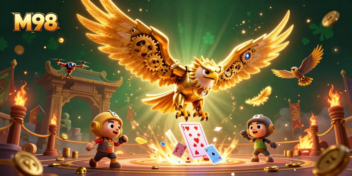 M98 brings exhilarating casino action with a golden eagle diving through holographic cards amidst vibrant gaming elements.