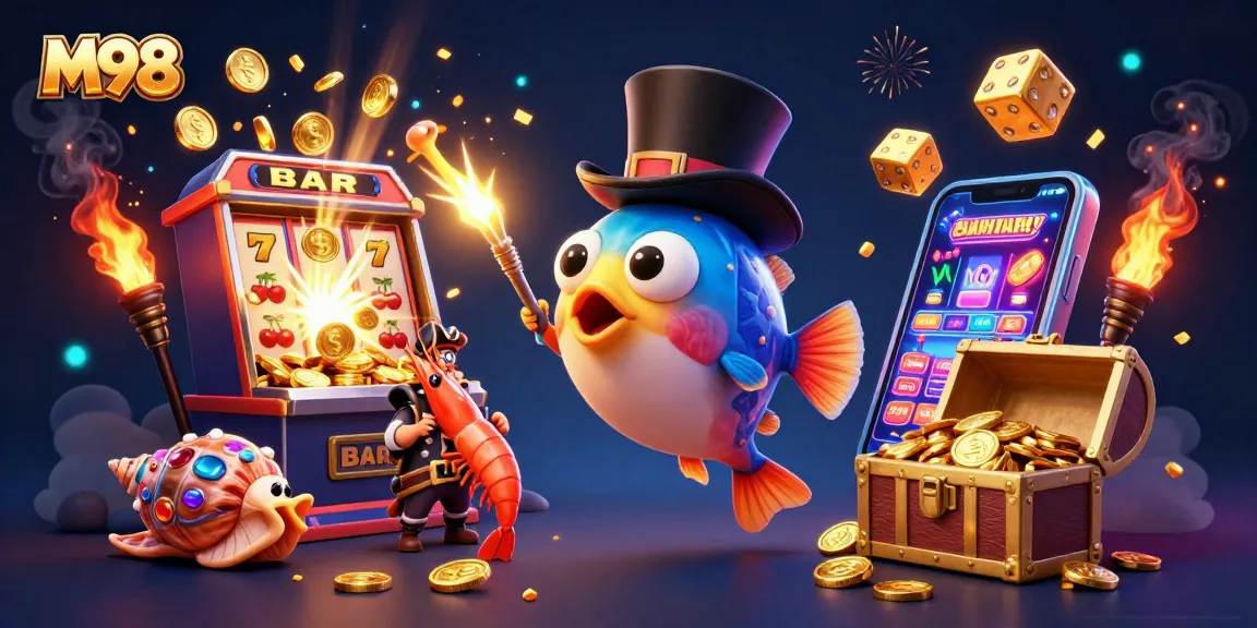 M98 showcases a vibrant casino illustration with an anglerfish and treasure chest surrounded by animated coins.
