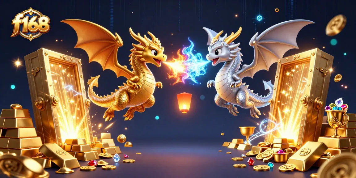 Join f168's thrilling adventure with silver and gold dragons amidst treasure and casino elements.