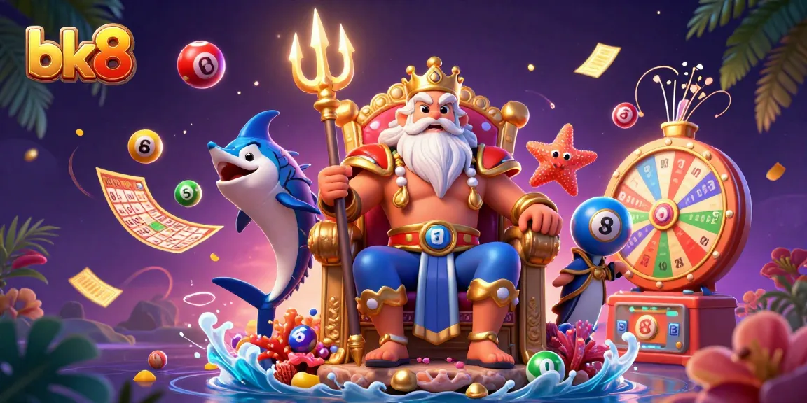 Win at bk8 with vibrant lottery balls and a captivating sea king illustration.