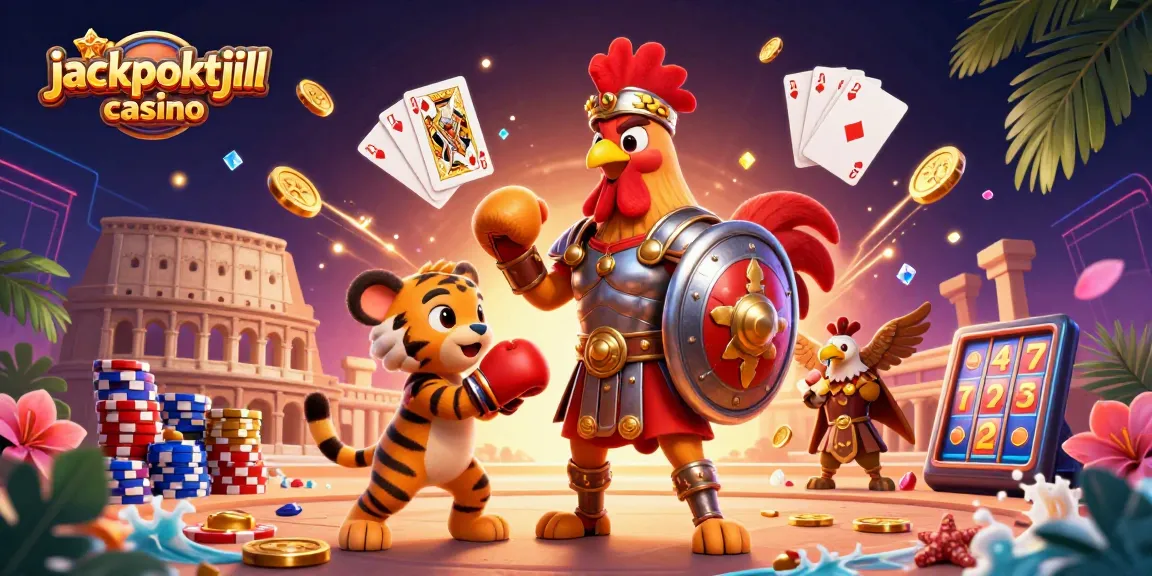 Join the excitement at jackpotjill casino with a dynamic scene of 3D characters and gambling elements.